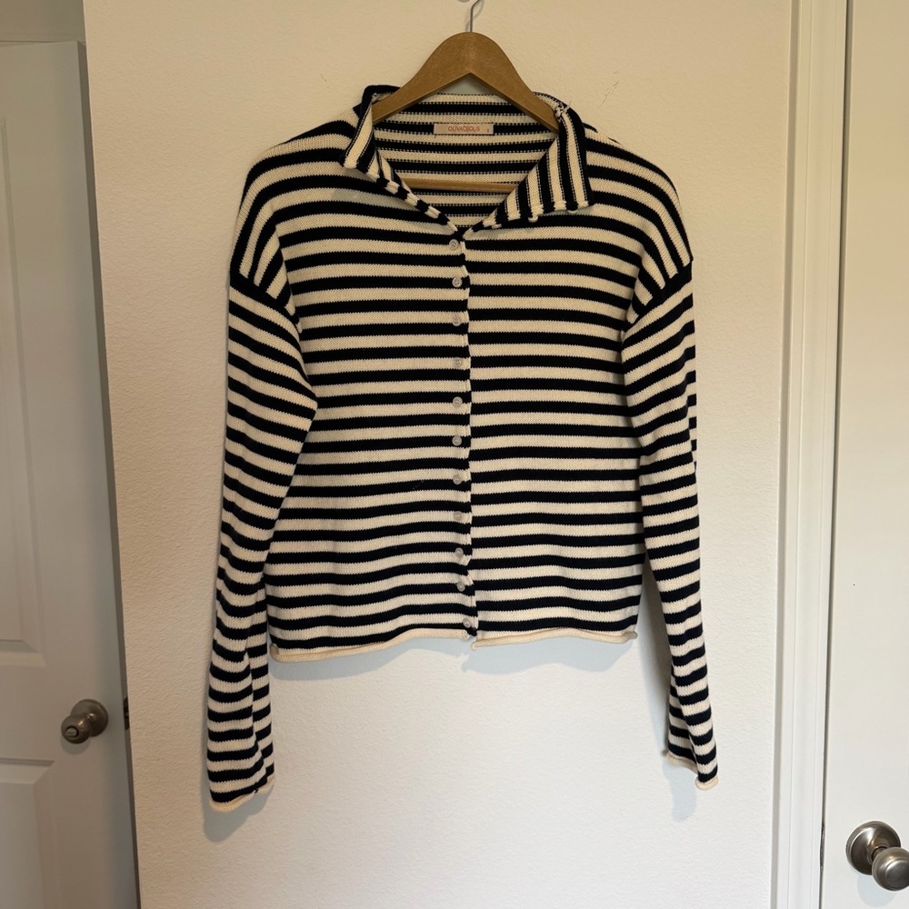 Olivaceous Navy Striped Sweater Small Button Front Classic Coastal Preppy Cotton
